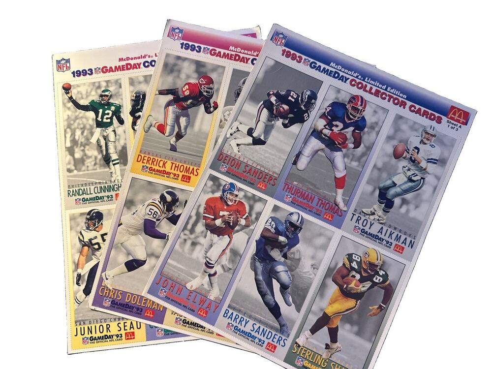 NFL 1993 McDonald’s Game Day Football Collector Cards-3-Sheet Set A-Big Stars